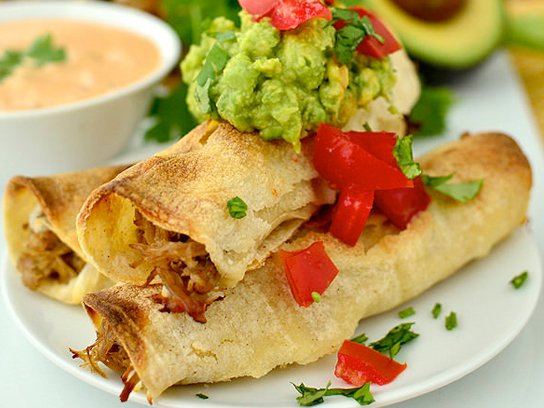 Pulled pork taquitos with chipotle ranch dipping sauce