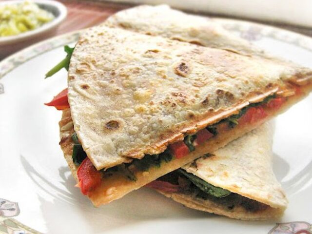 Vegan red pepper spinach quesadillas